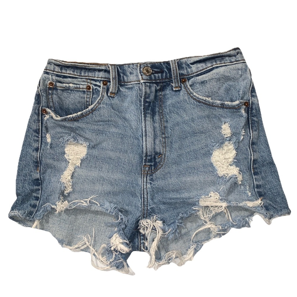 ABERCROMBIE & FITCH Mom Shorts Womens 28/6 Blue Denim High Rise Cut Off Raw Hem‎